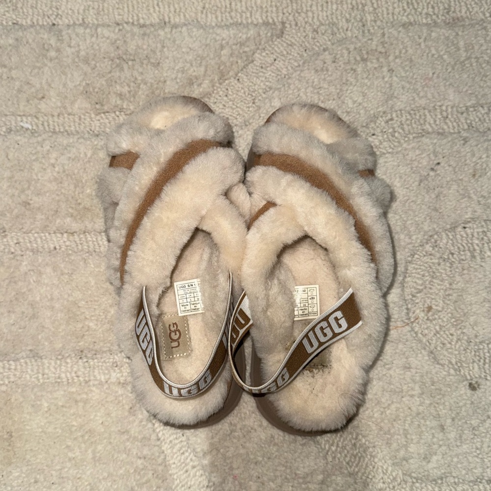 UGG Fluffy Sandals in Cream and Tan